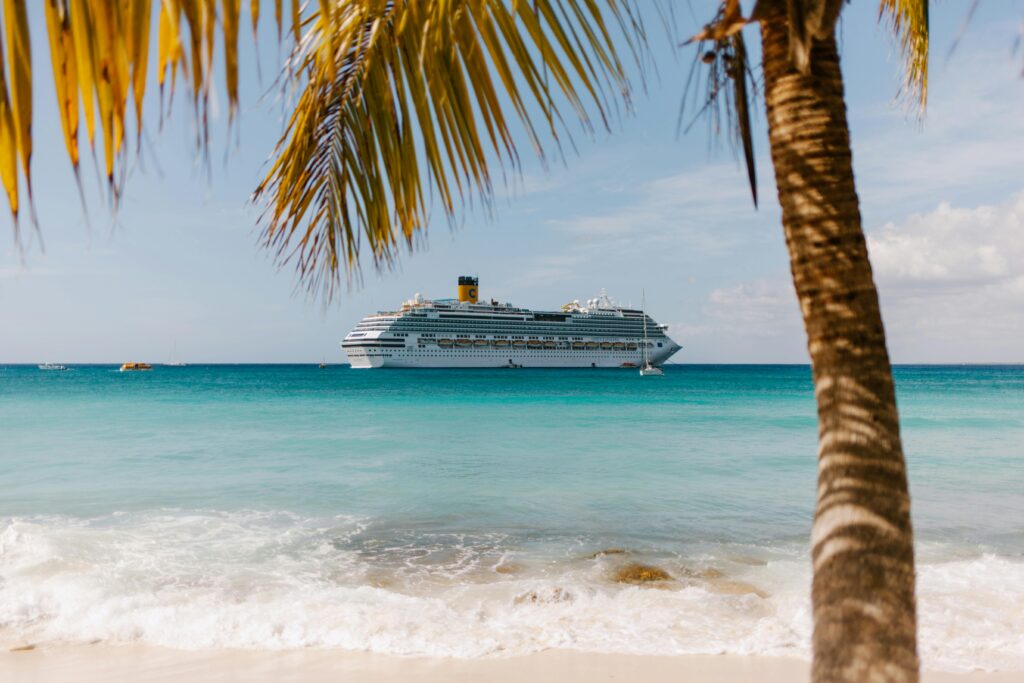 pexels-photo-5769605-5769605 Tropical beach view with cruise ship and palm tree in turquoise waters.